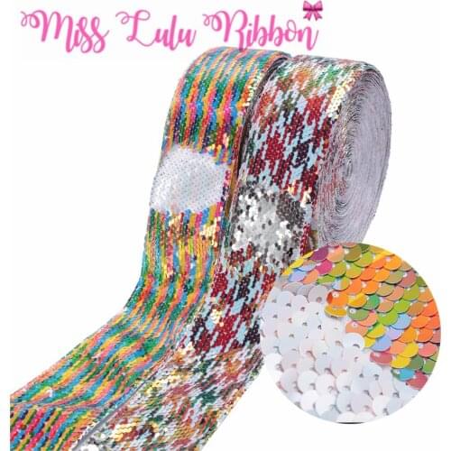 3"75mm Double Color Reversible Sequin Ribbon Rainbow White Silver DIY Party Gift Bowknots Making Sewing Fabric 25yards/roll