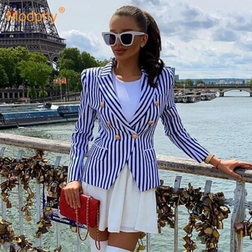 Double breasted stripes Womens Blazer Notched Long Sleeve Slim Elegant Suit Jacket Female 2021 Autumn Fashion New