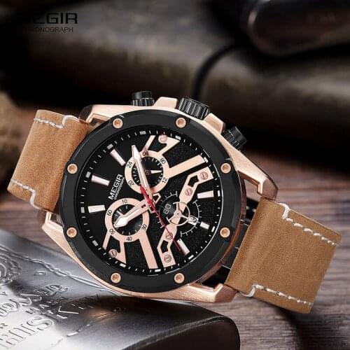 MEGIR Quartz Watches for Men Luxury Chronograph Wristwatch Man Leather Strap Watch Top Brand Relogios Masculinos Clock 2120 Rose