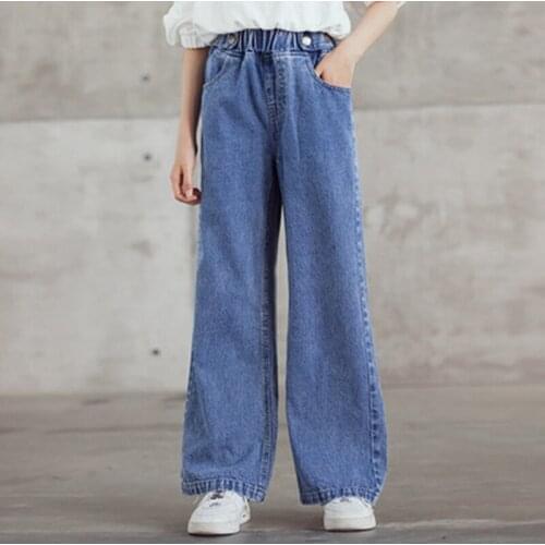 Children Jeans 2021 Clothes for Teenager Fashion Loose Solid Girls Trousers Autumn Kids Casual Wide Leg Pants 6 8 10 12 14Years