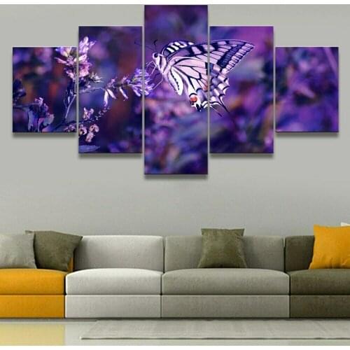 5 Pcs Canvas Pictures Print Wall Art Canvas Paintings Wall Decor for Living Room Purple Butterfly Wild Nature Unframe