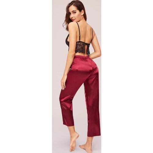 Women Sexy 2 Piece set Lingerie, Underswear Deep V-neck Lace Flower Mesh See-Through Camisole Top+ Satin Solid Color Trousers