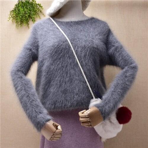 Crop top pull femme autumn winter hairy fuzzy mink cashmere knitted short style loose pullover angora fur jumper sweater pull