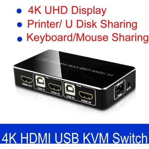 4K HDMI USB KVM Switch Box Video Converter 2x1 KVM Switcher Splitter for 2 PC Computer Sharing 1 Printer Keyboard Mouse U Disk