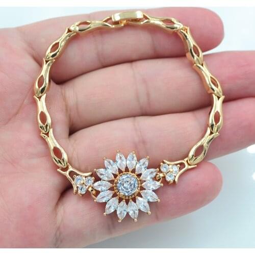 Fashion Jewelry Gold Color Clear White CZ Sunflower Charm Bracelet for Women