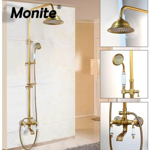 Monite Wall Mounted 8 Inch Rainfall Shower Mixers Antique Brass Shower Bath Faucet Sets Sliding Soap Dish Handshower Faucets