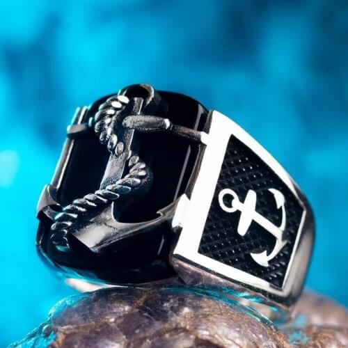 Silver Anchor Mens Ring with Black Onyx Stone 925 Sterling Silver Sailor Seaman Ring for Men Nautical Anchor Ring