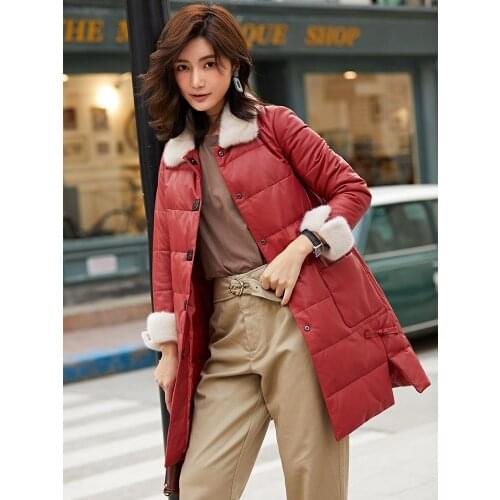 2020 New Genuine Jacket Women Mink Fur Collar Winter Sheepskin Coat White Duck Down Real Leather Jackets KJ3571