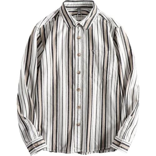 Japanese Harajuku 100% Cotton Vintage Vertical Striped Mens Long Sleeve Button Up Shirt Plus Size