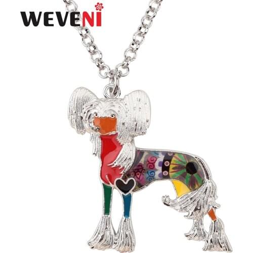 WEVENI Enamel Alloy Chinese Crested Dog Necklace Pendant Chain Collar Fashion Pet Animal Jewelry For Women Girls Gift Wholesale