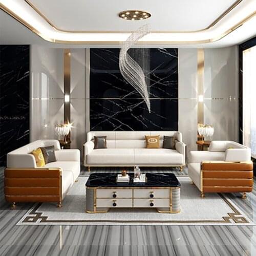 Postmodern minimalist light luxury villa leather sofa top layer cowhide combination American Hong Kong style living room model