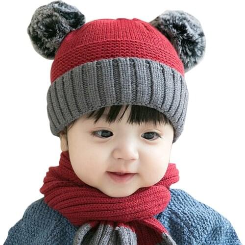 Baby Girls Hat Kids Boys Warm Double Ball Wool Hat Autumn/winter Children Infant Hat And Scarf Thicken Cute Wool Scarf