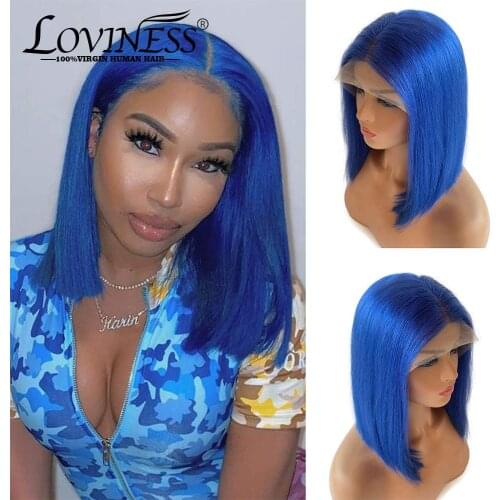 Blue Bob Wig 180 Density Straight 13x4x1 Middle Part Lace Front Human Hair Wig Women Glueless Colored Natural Hairline Bob Wigs