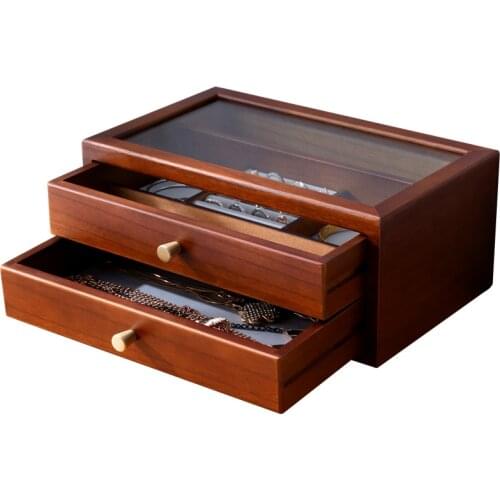 Travel wood Glass Wooden Jewelry Packing Case Portable Earring Ring Necklace Organizer Women Jewellry Display Box Women Gift