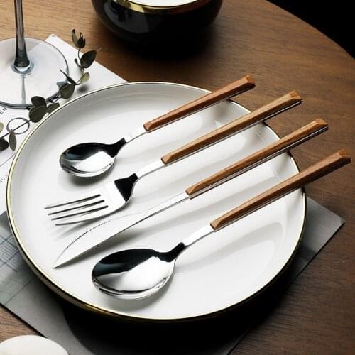 Dinnerware Wedding Fork Cutlery Dishes Tools Adult Holiday Spoon Tableware Wooden Handle Stainless Steel Kitchen Accessories