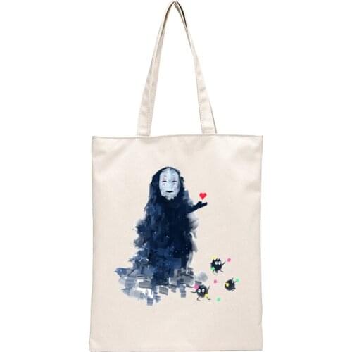 Spirited Away Faceless Print Reusable Shopping Bag Printing Eco Bag Women Canvas Tote Bags Cartoon Shopper Shoulder Bags