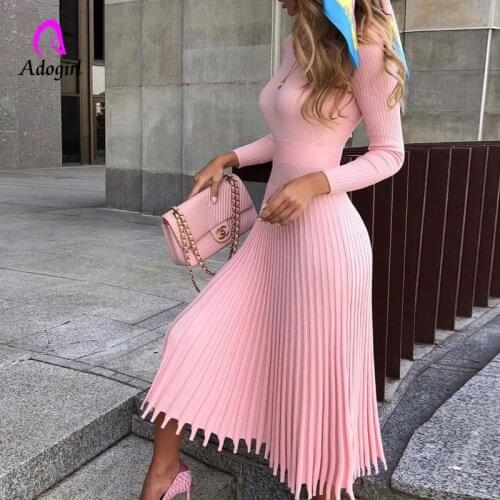 Nude Knit Solid Color Pleated Long Dress Women O Neck Long Sleeve Elegant Bodycon Dress Female Autumn Winter Sexy Sweater Dress