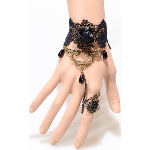 Gothic Handmade Lace Bracelets Link Rings Vintage Black Rose Flower Bracelet with Ring Set for Women Unique Jewelry