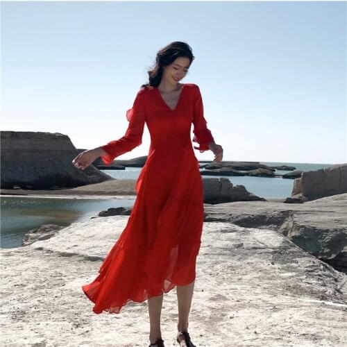 DUISNENA boho dress v-neck fairy women dresses red spring/autumn robe ruffled lace chiffon vestidos