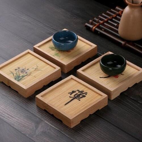 1pcs Chinese Style Retro Square Teapot Pad Bamboo Cup Mat Jewelry Ring Display Plates Non-slip Handmade Kitchen Accessories