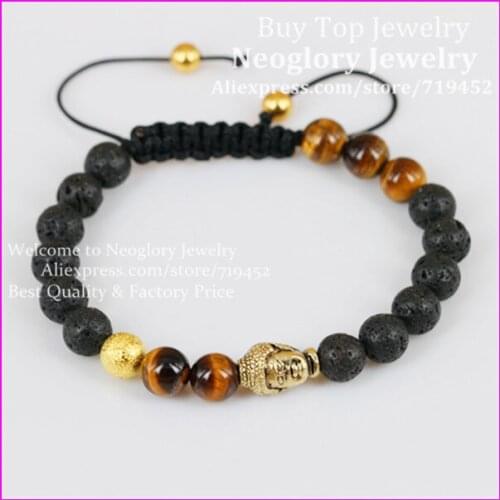 10pcs Hot Fashion Gold Buddha Bracelets With Brown Tiger Eye Beads,Handmade Macrame Bracelet,Lava Stone Beads Bracelet