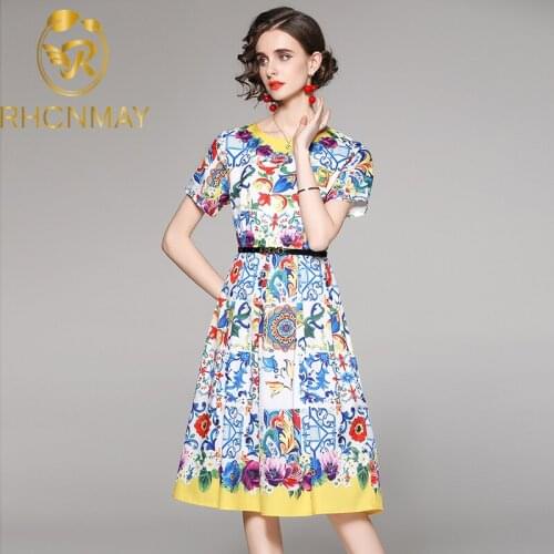 2021 Newest Fashion Runway Summer Dress Womens Short Sleeve Round Neck Blue And white porcelain Floral Print Party Midi Dress