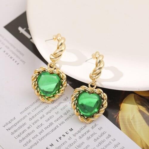 2021 Vintage Green Glass Love Heart Dangle Earrings for Women Statement Gold Color Metal Twisted Earrings Ethnic Jewelry