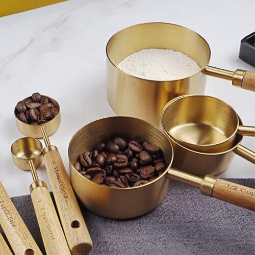 Measuring Spoon Wooden Handle Stainless Steel Measuring Cup 8PCS Set Kitchen Baking Tool Bartending Scale measuring utensils Set
