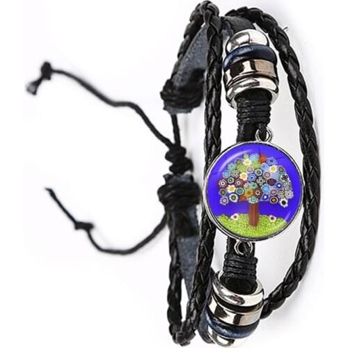 Tree Of Life Black/Brown Leather Bracelet Murano Millefiori Glass Cabochon Adjustable Bangle Jewelry For Women Men