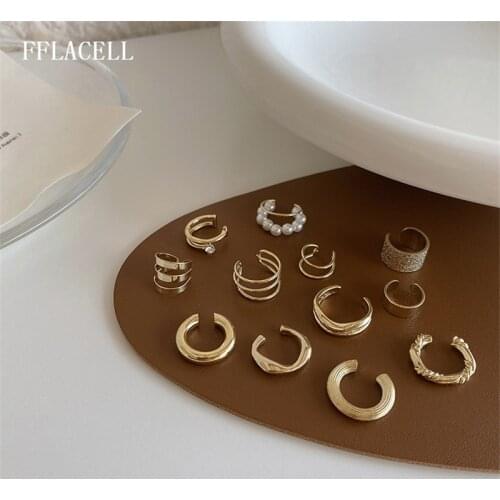 FFLACELL Trendy Geometry Pearl Multilayer Curved Knotted Thread Hollow No Piercing Metal Ear Bone Ear clip Earrings For Women