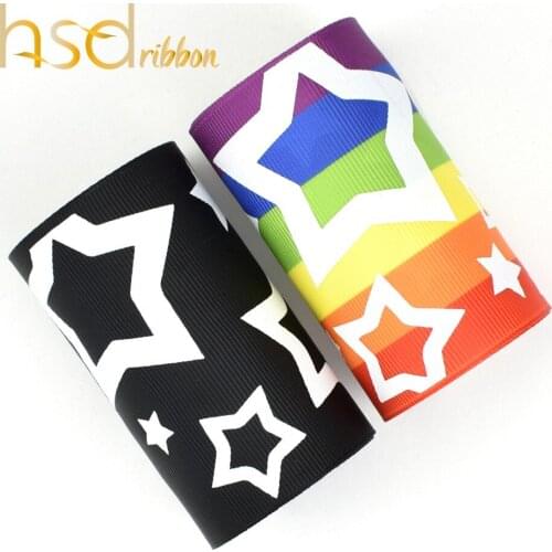 HSDRibbon 3" 75mm white ink Printed Big Star on Black rainbow Grosgrain Ribbon