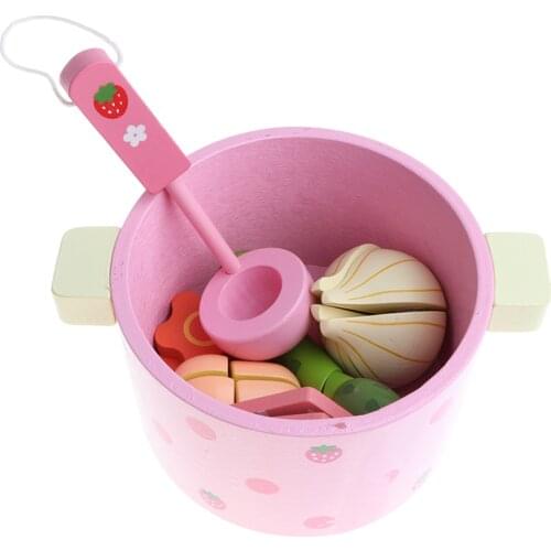Kitchen Hot Pot Pretend Play Toy, Colorful Wooden Cutting Vegetables Educational Toy for Toddlers