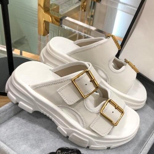 Summer Beach Slipper Buckled Strap Flipflops Lazy Mules Flat Heel Casual Shoes Women Real Leather Sandals Gold Slides 2020