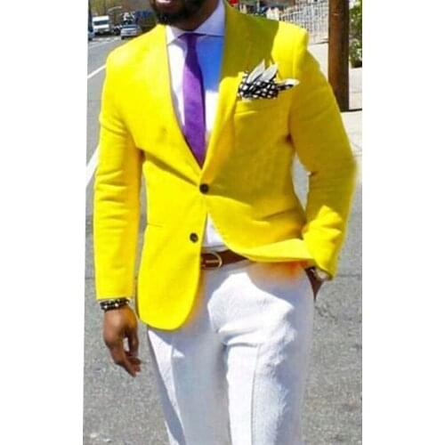 2021 Summer Style Custom Made Yellow Tuxedo Jacket Mens Suit Groom Tuxedos Beach Wedding Suits For Men Best Man Jacket+Pants