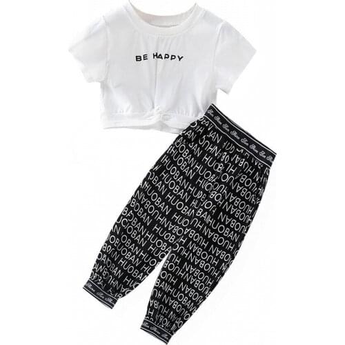 2021 Fashionable Little Girls Clothing Sets Childrens Crew Neck Short Sleeve Tops + Lettering Printed Pants For Kids Clothes