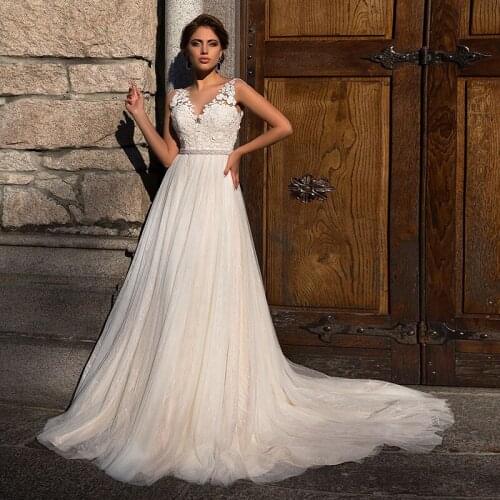 Glam Lace A-Line V Neck Wedding Dress Vestidos De Bodas Illusion Back Bridal Gown with Beading Belt свадебное платье 2021