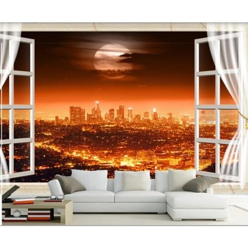 The latest 3D mural,3d beautiful city night view outside the window, bright lights,living room TV wall bedroom wall paper