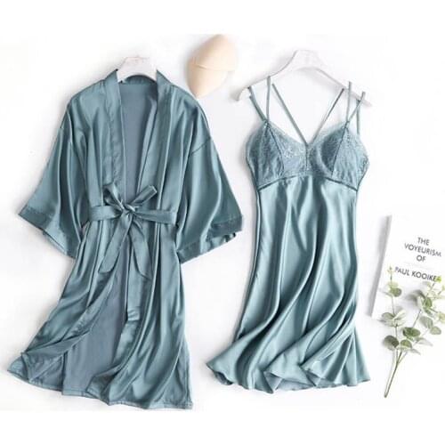 New Spring Summer Women Robe Gown Set Sexy Lace Sleep Lounge Bathrobe Short Sleeve Ladies Sexy Sleepwear Femme Home Clothes