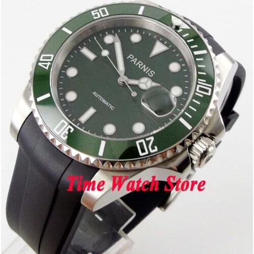 Parnis 40mm Miyota 8215 Automatic mens watch luxury sapphire glass waterproof green dial luminous ceramic bezel 569