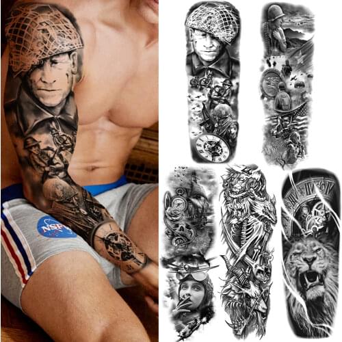 Patriotic Soldier Temporary Tattoos For Men Women Pilot Black Warrior Tattoo Sticker Sleeve Fake Lion Demon Devil Tatoos Paste