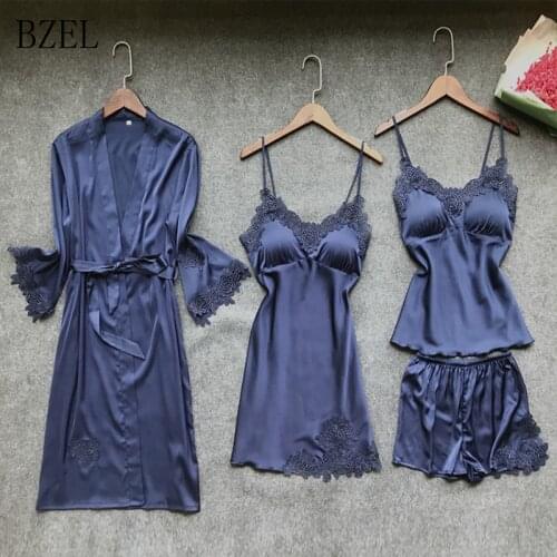 BZEL New Pajamas Sets Sexy Satin Silk Sleepwear 4PCS/set Pijamas Robe+Sun-top+Shorts Pyjamas Lace Bathrobe Robe 6 Color