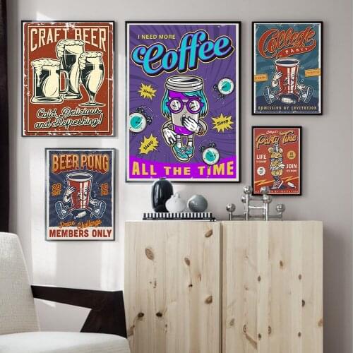 Retro coffee cola beer poster wall art prints cartoon food and beverage college canvas painting modern bar club kitchen decorati