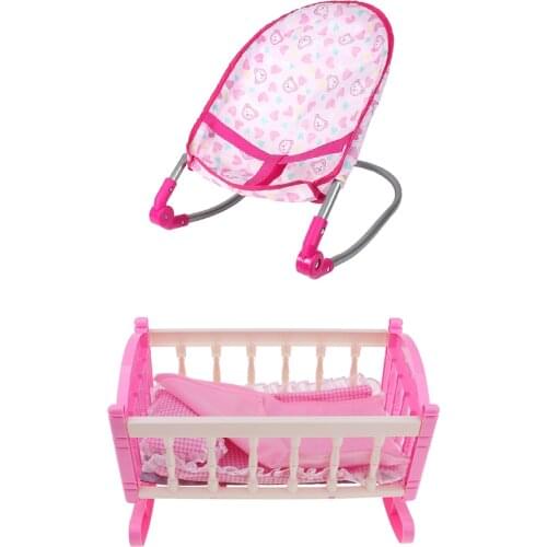 Pink Rocking Bed & Chair for Dolls | Baby Doll Cradle Toy Furniture and Play Accessories | Fits 9-12 inch Reborn Dolls
