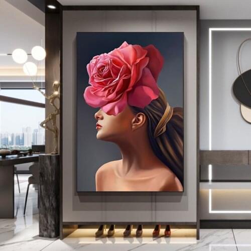 Pink Rrose Flower Woman Abstract Canvas Painting Wall Art Print Poster Picture Decorative Painting Living Room Home Decoration