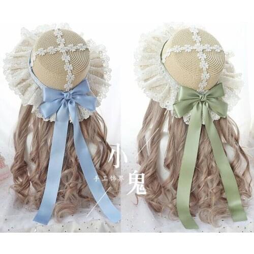 French Multicolor Lace Bow Straw Hat Small fresh Mori Girl Summer Womens Beach Sun Hat Japanese Lolita Pastorale Flat Cap