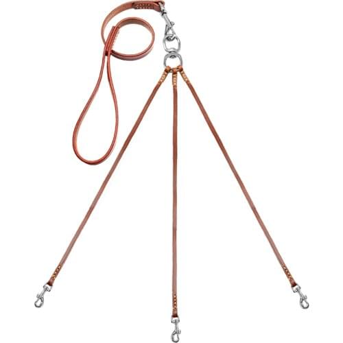 Three Way Puppy Dog Leash Coupler No Tangle Leather Triple Dog Leashes Lead For Walking 1 or 3 Small Medium Dogs Brown Color