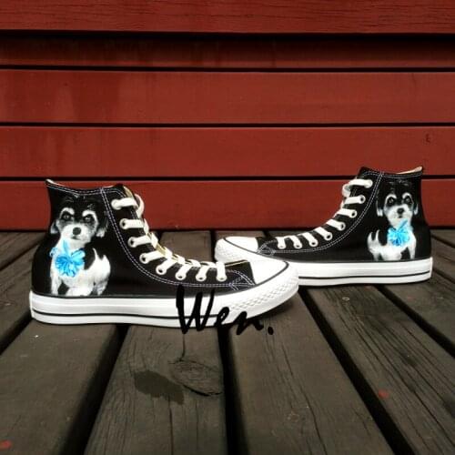 Wen Original Design Custom Hand Painted Shoes Pet Dog Black High Top Canvas Sneakers Christmas Birhtday Gifts