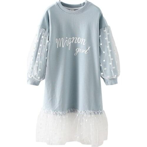 Girl spring new long-sleeved sweater dress Girl sweater lace stitching dress Girls Fashion Cotton T-Shirt Dress