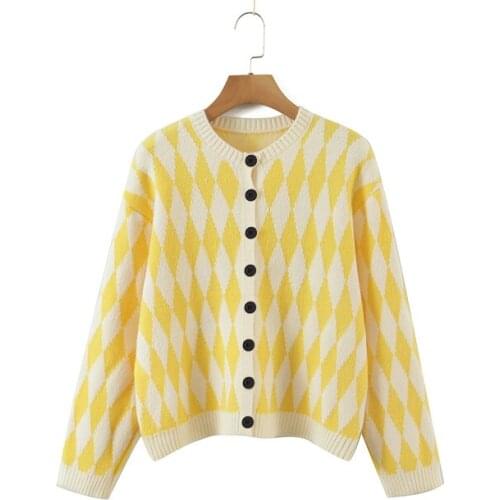 Vintage Argyle Sweater Cropped Cardigan Women Fall Winter 2021 Yellow Purple Knitted Coats Elegant Female Chic Outwear
