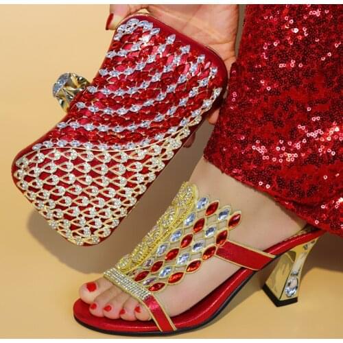 Wonderful red women pumps match handbag set with nice big crystal decoration african shoes and bag for party dress V0745